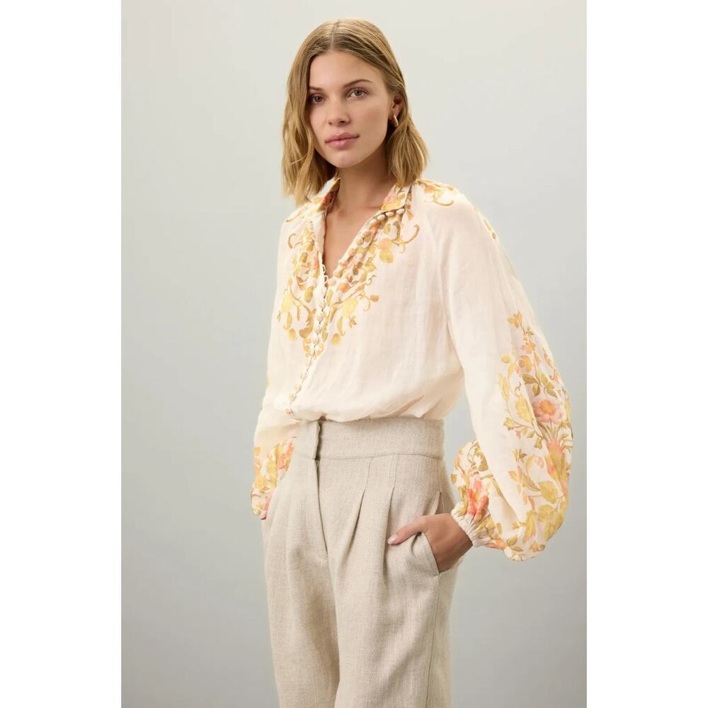 Kate Ford Noaea Floral Ramie Blouse – Multicolored Long Sleeve Button-Down Top